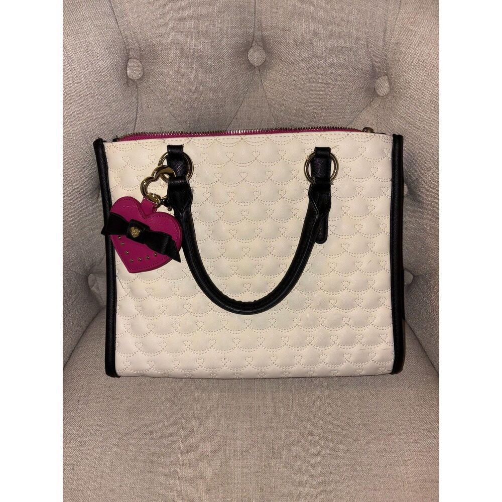 Betsey Johnson Y2K White, Black & Pink Purse with Heart Mirror Key Chain